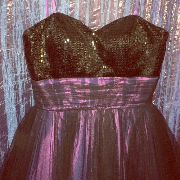 purple tea length dress